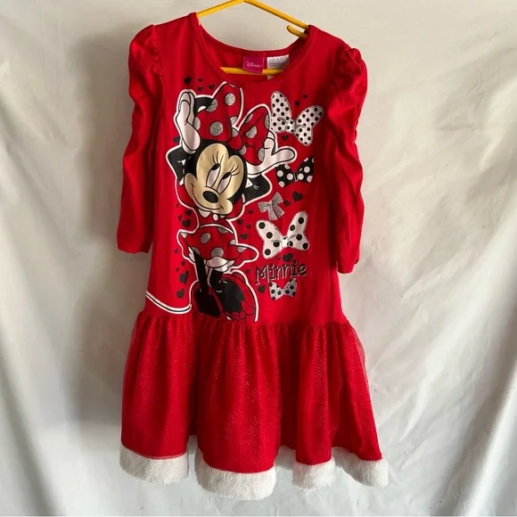 Disney Dresses | Disney Minnie Mouse Long Sleeve Christmas Dress w/ Santa Fur Trim | Size M 7/8 | Color: Red/White | Size: Mg | 3_Full_Closets's